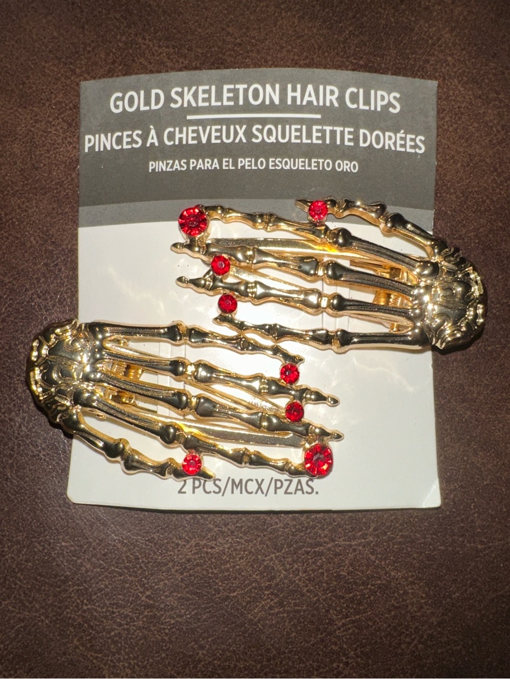 Gold-toned Skeleton Hair Clips with Red Gemstone Accents - Halloween Accessory